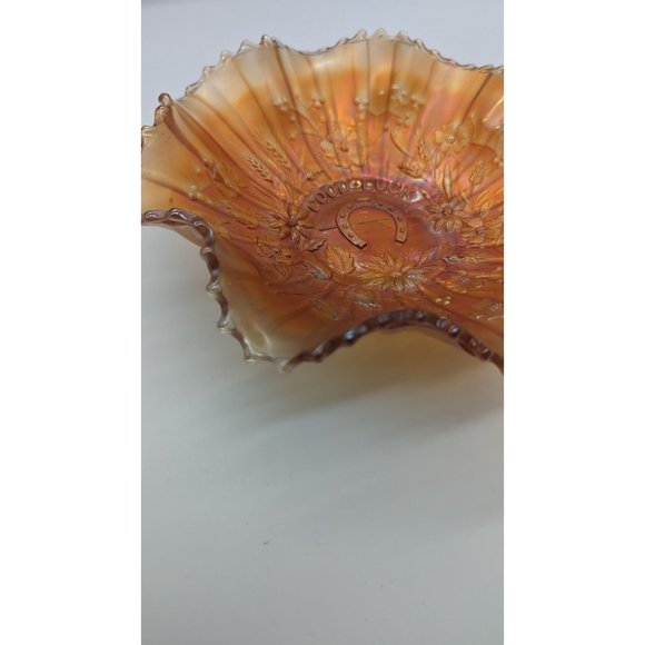 Northwood Good Luck Ruffled Bowl Ribbed Back Carnival Glass Vintage - Picture 6 of 12